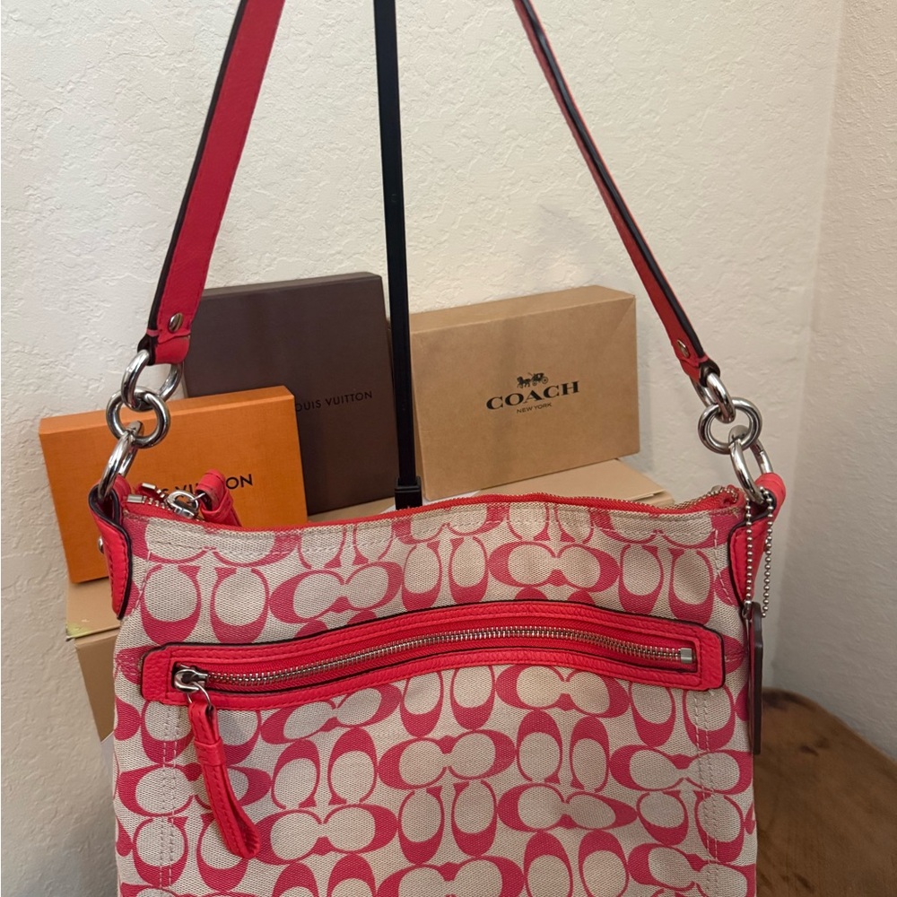 Coach Pink and Cream Signature Canvas Shoulder Bag